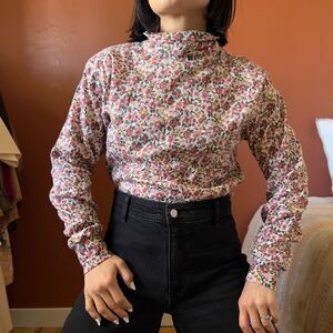 vintage floral turtleneck deadstock NWT white pink cotton blend medium